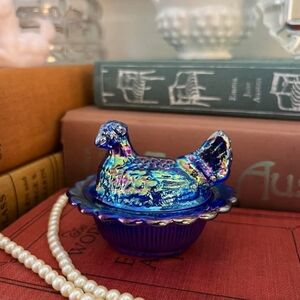 Mosser Cobalt Blue Carnival Glass Hen on Nest Ruffled Edge Salt Cellar